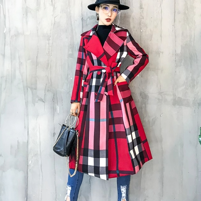 Retro Color Patchwork Ladies Long Coat