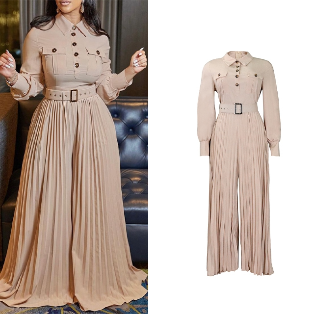 Long Sleeve Belted Pleated Jumpsuit